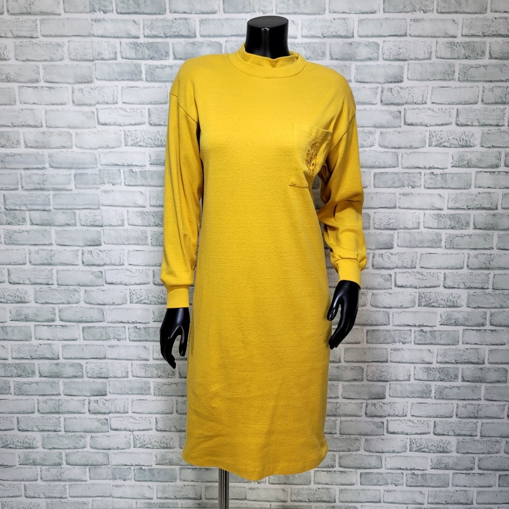 Vintage Disorderly Conduct Yellow Sweatshirt Dress Mock Neck Crest Logo Normcore - Picture 3 of 12